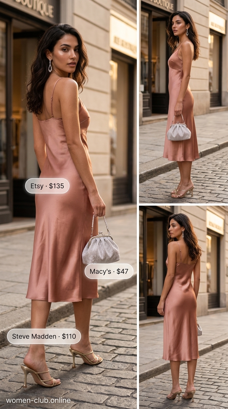Rose gold satin sleeveless slip dress with champagne heels and silver clutch. Elegant summer sleeveless dresses 2026.