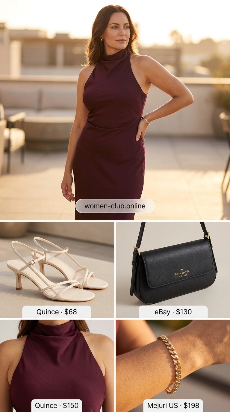 Burgundy sleeveless midi dress with nude sandals and black bag. Elegant summer sleeveless dresses 2026 for evening.