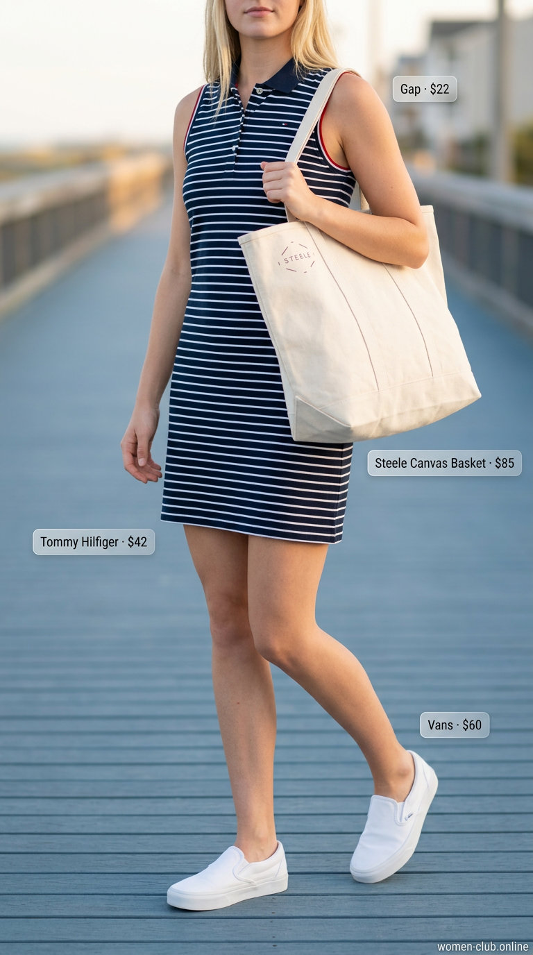 Casual navy and white striped sleeveless t-shirt dress 2026, styled with a canvas tote, baseball cap, and white slip-on sneakers.