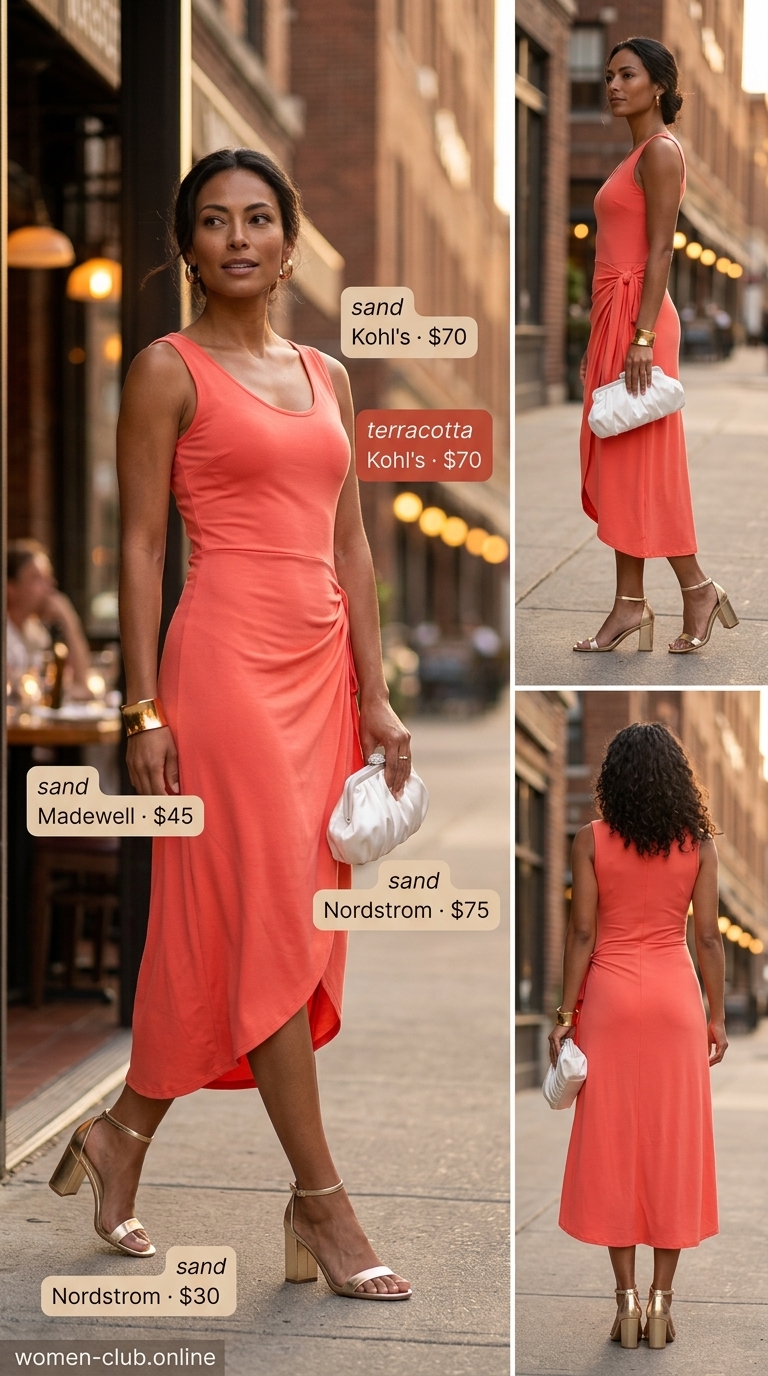 Coral sleeveless wrap midi dress with metallic gold sandals and clutch. Elegant summer sleeveless dresses 2026.
