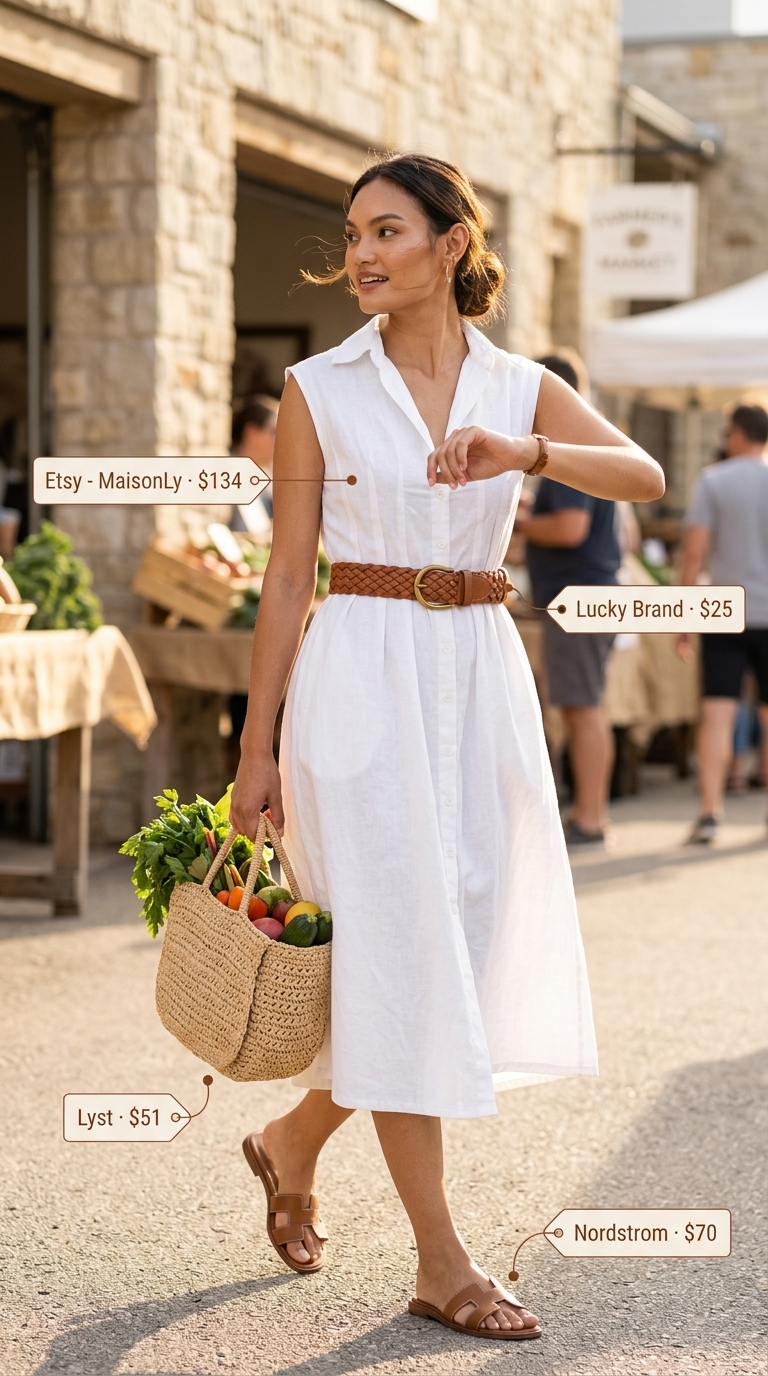 Elegant summer sleeveless dresses 2026: White linen shirt dress, tan leather belt, raffia bag for a casual day.