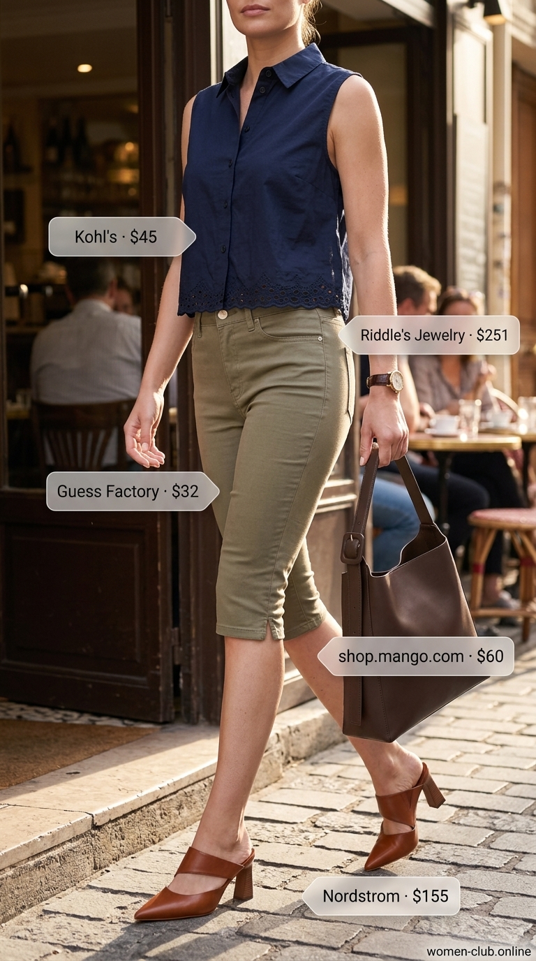 Eyelet Summer Blouses for Women 2026: City Professional Style Navy blue eyelet blouse with tailored capri pants for a polished city look. Eyelet summer blouses for women 2026.