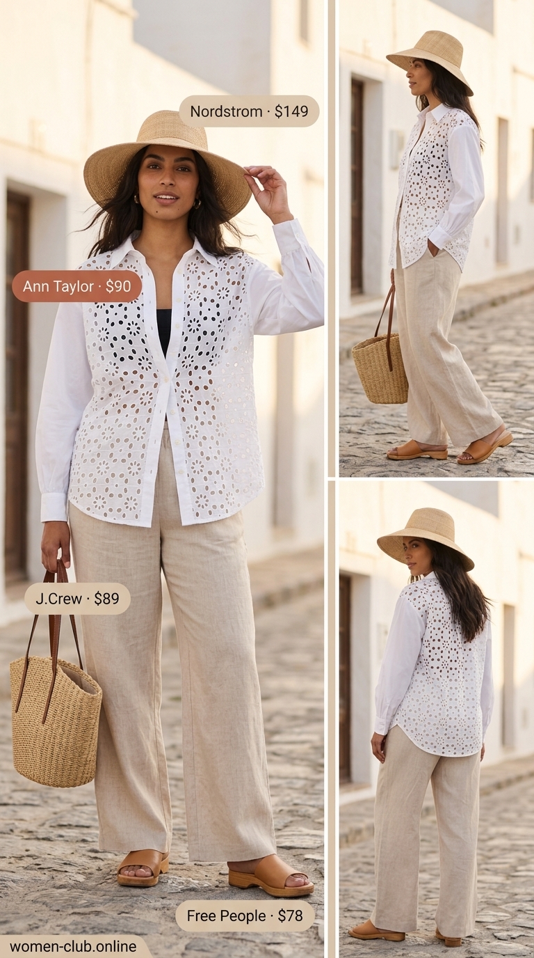 Eyelet Summer Blouses for Women 2026: Beach Vacation Style Oversized cream eyelet tunic blouse with linen pants for a relaxed beach vacation look. Eyelet summer blouses for women 2026.
