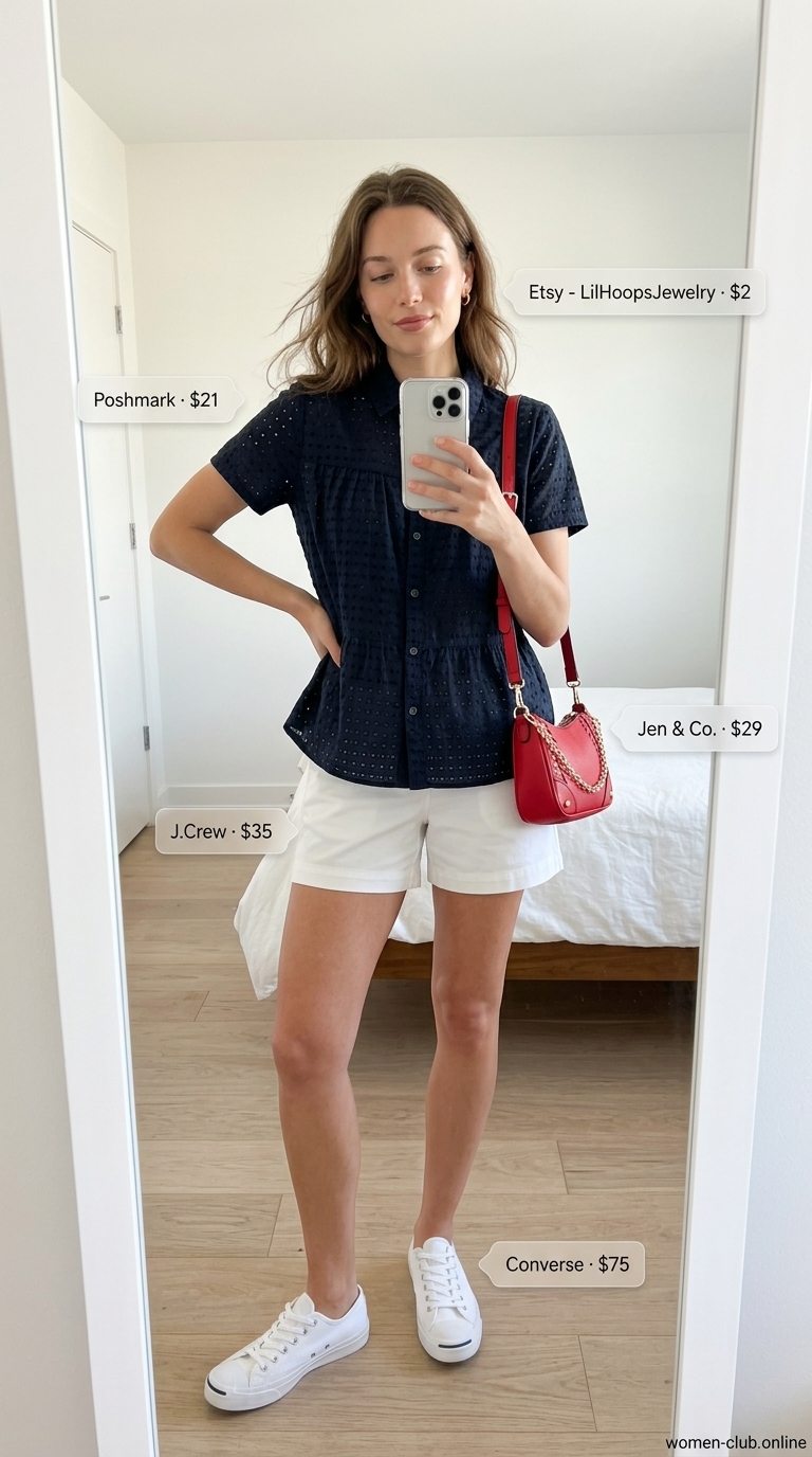 Eyelet Summer Blouses for Women 2026: Lakeside Leisure Style Navy eyelet button-down shirt with denim maxi skirt for a classic lakeside look. Eyelet summer blouses for women 2026.