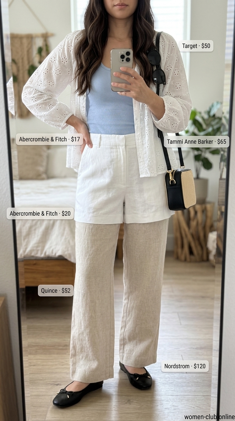 Eyelet Summer Blouses for Women 2026: Parisian Sightseeing Style Cream eyelet button-down blouse with tailored shorts for Parisian sightseeing. Eyelet summer blouses for women 2026.