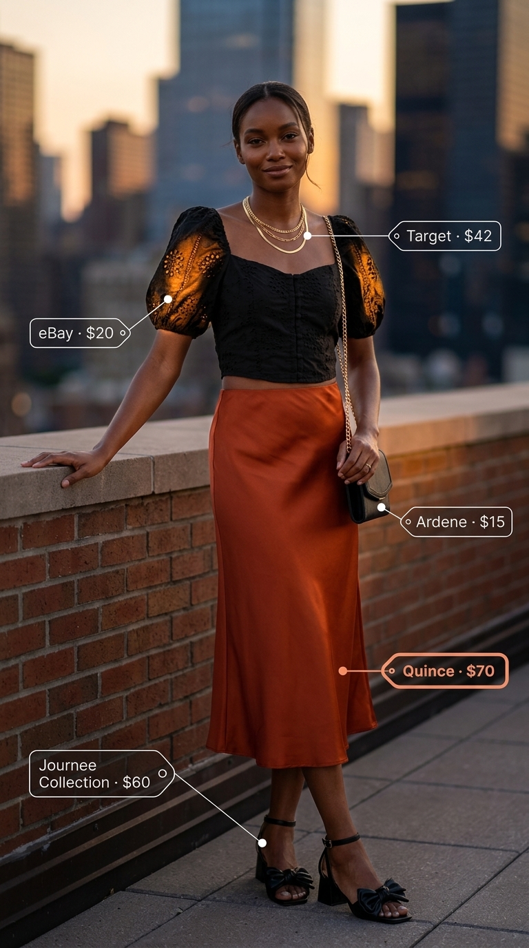 Eyelet Summer Blouses for Women 2026: Date Night Style Black eyelet crop top with a satin skirt for a sophisticated date night look. Eyelet summer blouses for women 2026.