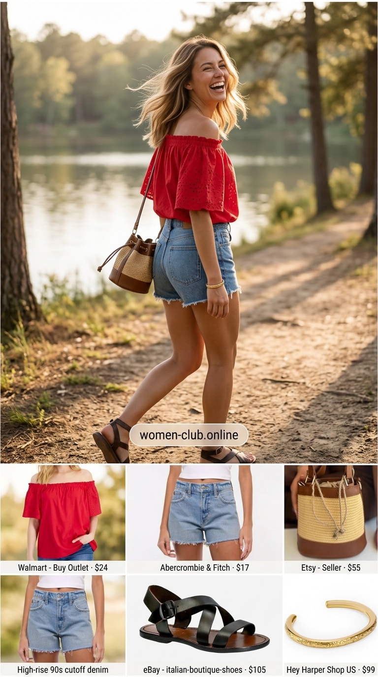 Lakeside Charm: Red Eyelet Blouse 2026 Cherry red eyelet off-the-shoulder blouse with distressed denim shorts for a lakeside picnic. Eyelet summer blouses for women 2026.
