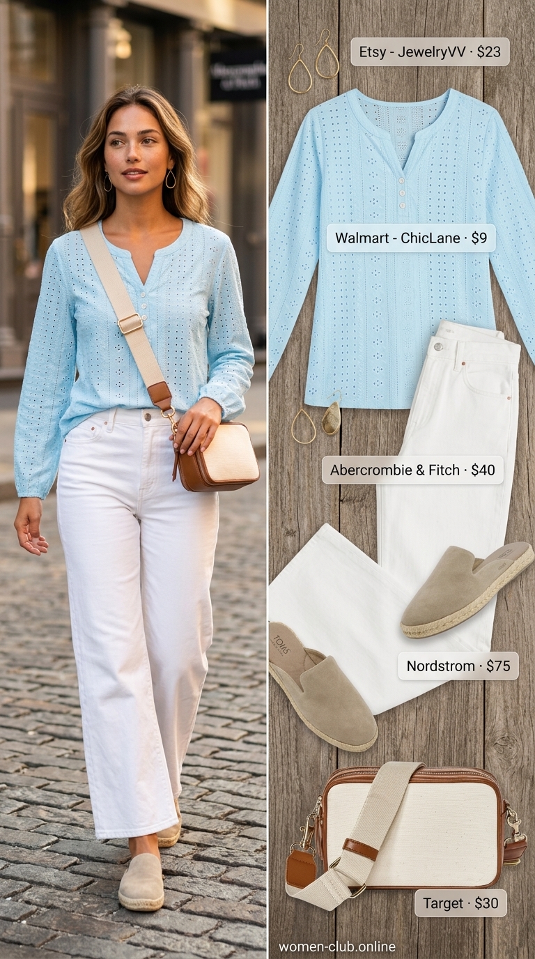 City Summer Stroll Outfits 2026 Sky blue eyelet summer blouse 2026 with white jeans and espadrille mules for city strolls.