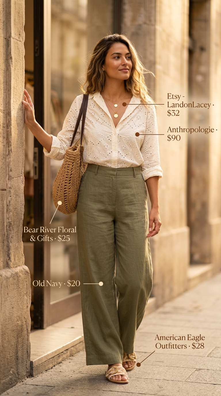 Boho Chic: Eyelet Blouse & Linen Pants 2026 Cream eyelet peasant blouse with wide-leg linen pants for a boho festival look. Eyelet summer blouses for women 2026.