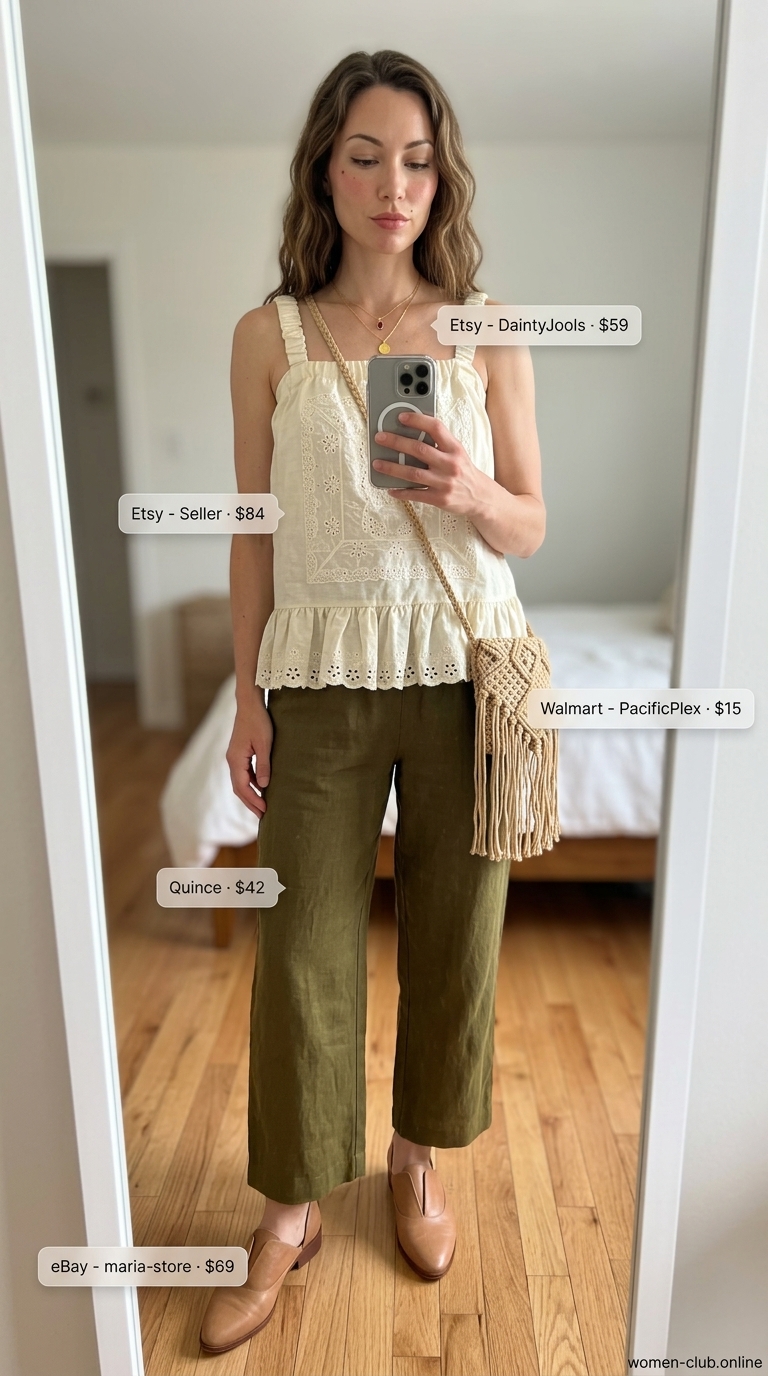 Desert Festival Vibes 2026 Cream eyelet summer blouse 2026 with olive green linen pants for desert festival vibes.