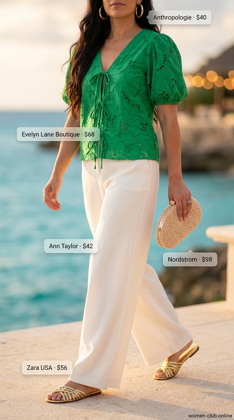 Resort Glam: Emerald Eyelet Blouse 2026 Emerald green eyelet crop blouse with flowy palazzo pants for resort glam. Eyelet summer blouses for women 2026.