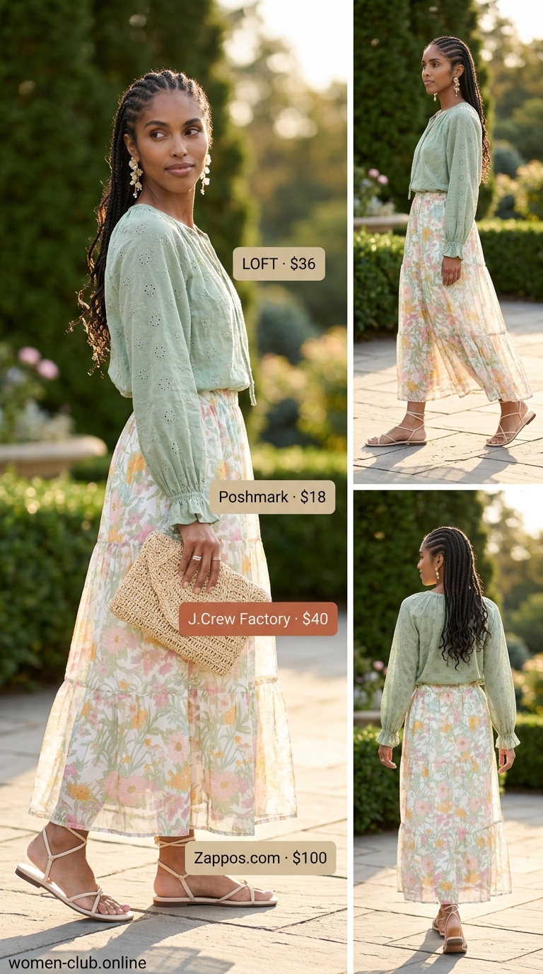 Enchanted Garden Party Style 2026 Mint green eyelet summer blouse 2026 with a floral maxi skirt for an enchanted garden party.