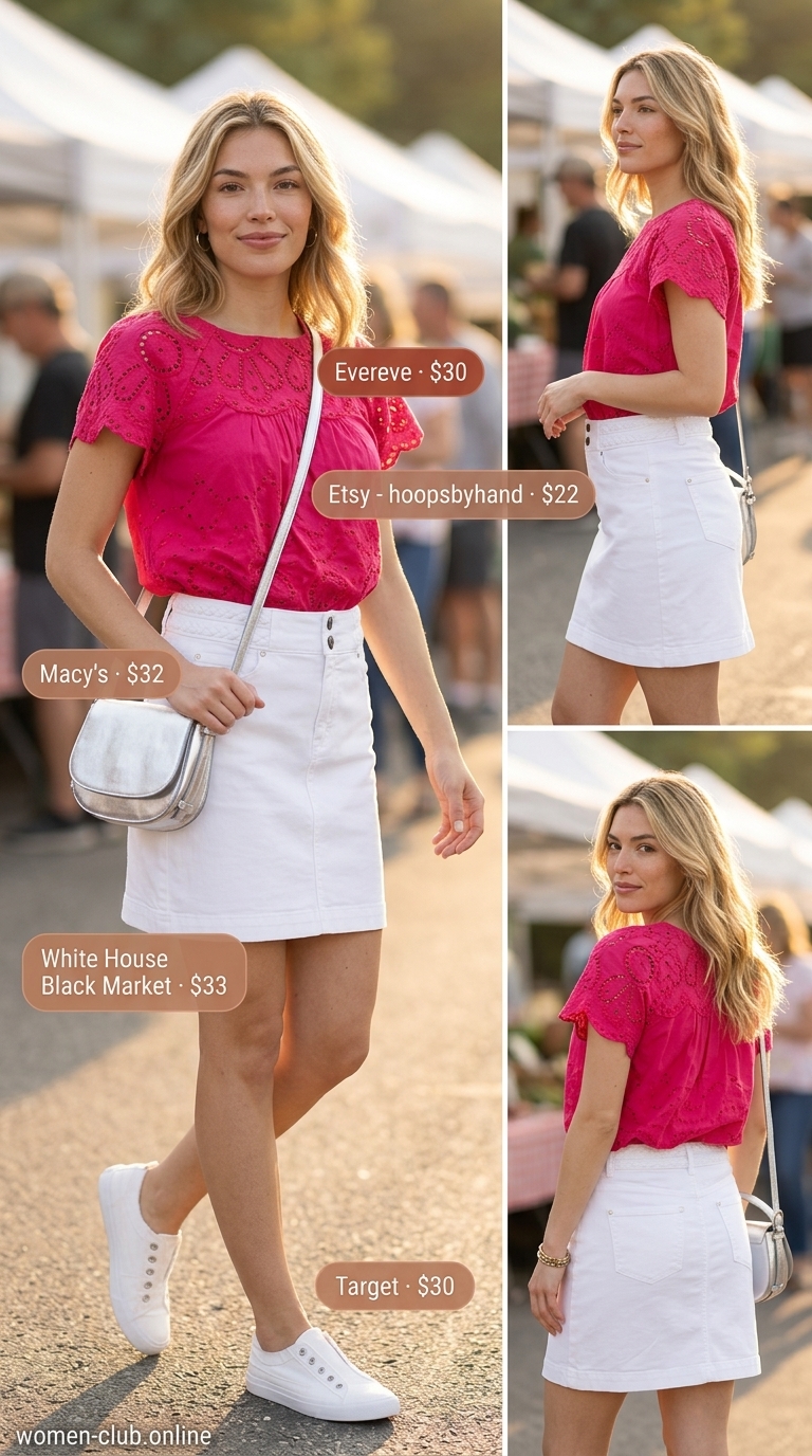 Farmers Market Style 2026 Blush pink eyelet summer blouse 2026 with white denim mini skirt and sneakers for farmers market.