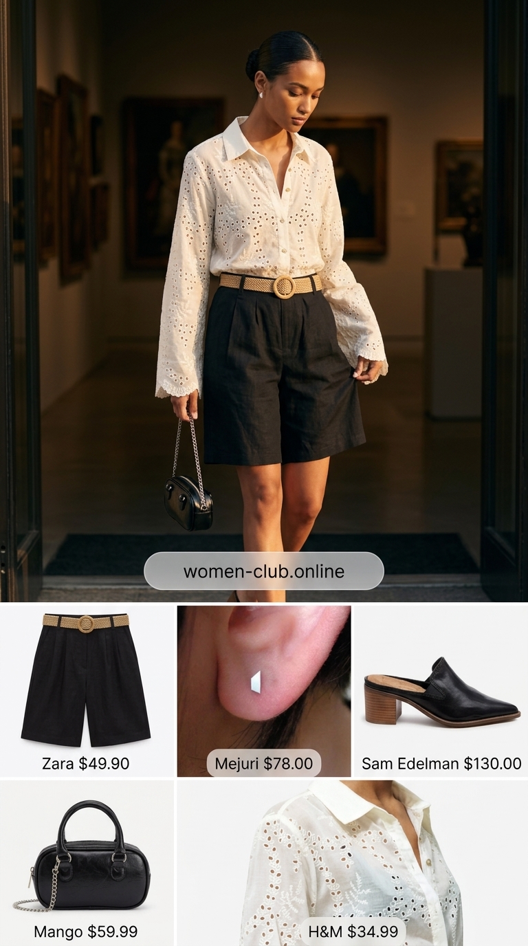 Gallery Opening Chic 2026 Cream eyelet summer blouse 2026 with black tailored shorts and leather mules for a gallery opening.