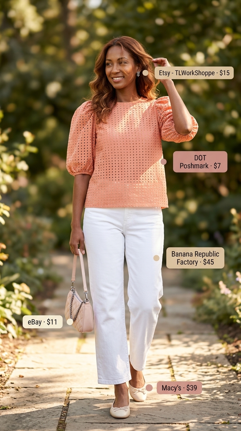 Garden Tea Party Outfits 2026 Blush pink eyelet summer blouse 2026 paired with white jeans and ballet flats for a garden tea party.