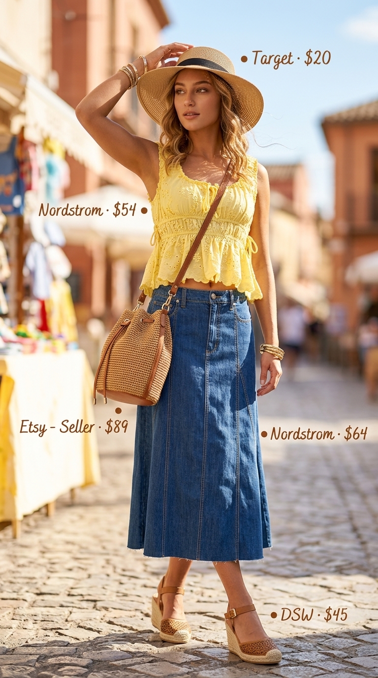 Playful Summer Outfit: Eyelet Blouse 2026 Lemon yellow sleeveless eyelet blouse with a denim midi skirt for a summer day trip. Eyelet summer blouses for women 2026.