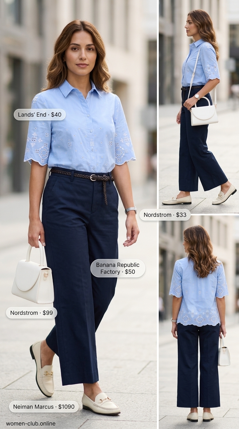 Office Chic: Blue Eyelet Shirt 2026 Pale blue eyelet button-down shirt with navy cropped trousers for office casual Friday. Eyelet summer blouses for women 2026.