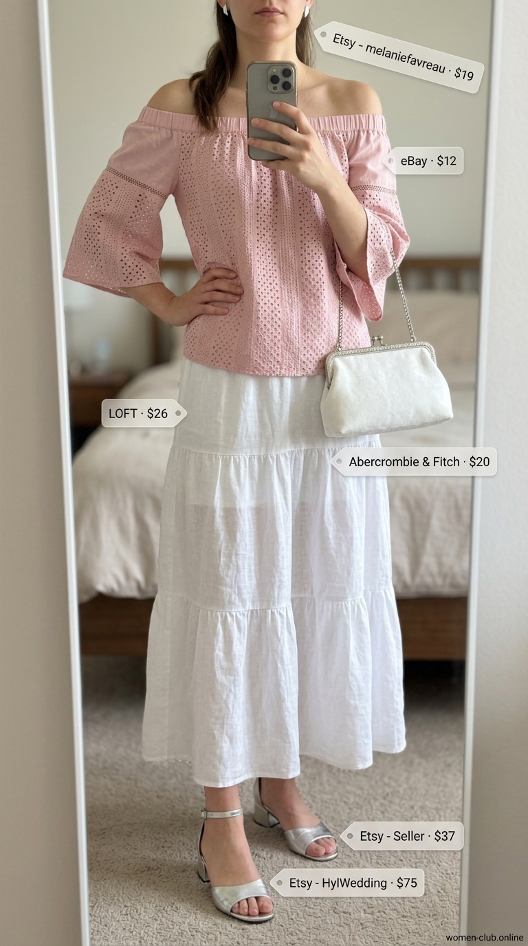 Garden Romance: Pink Eyelet Blouse 2026 Soft pink eyelet off-the-shoulder blouse with white tailored shorts for garden party romance. Eyelet summer blouses for women 2026.
