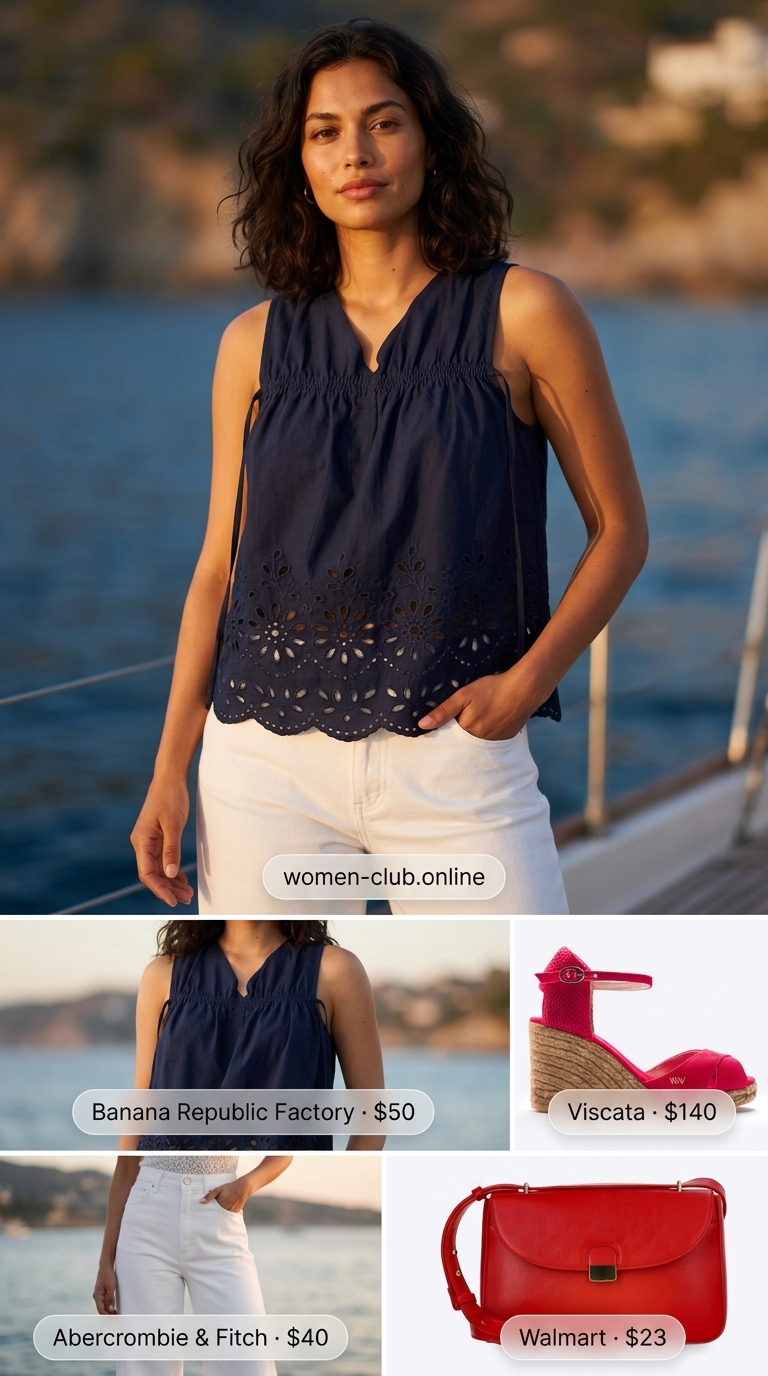 Sunset Hour Outfits 2026 Navy eyelet summer blouse 2026 with white wide-leg jeans and red espadrilles for sunset drinks.