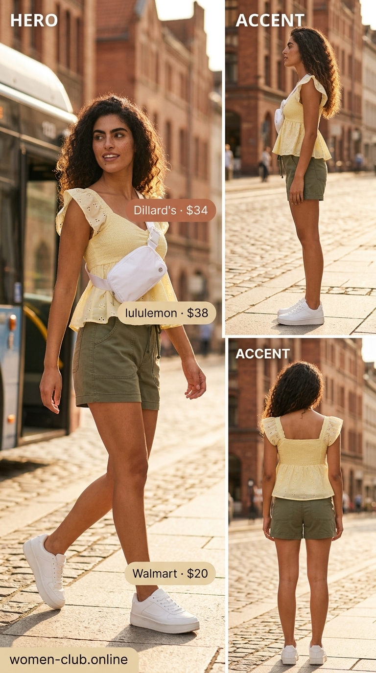 Urban Explorer: Yellow Eyelet Top 2026 Sunshine yellow eyelet crop top with khaki cargo shorts for urban adventures. Eyelet summer blouses for women 2026.