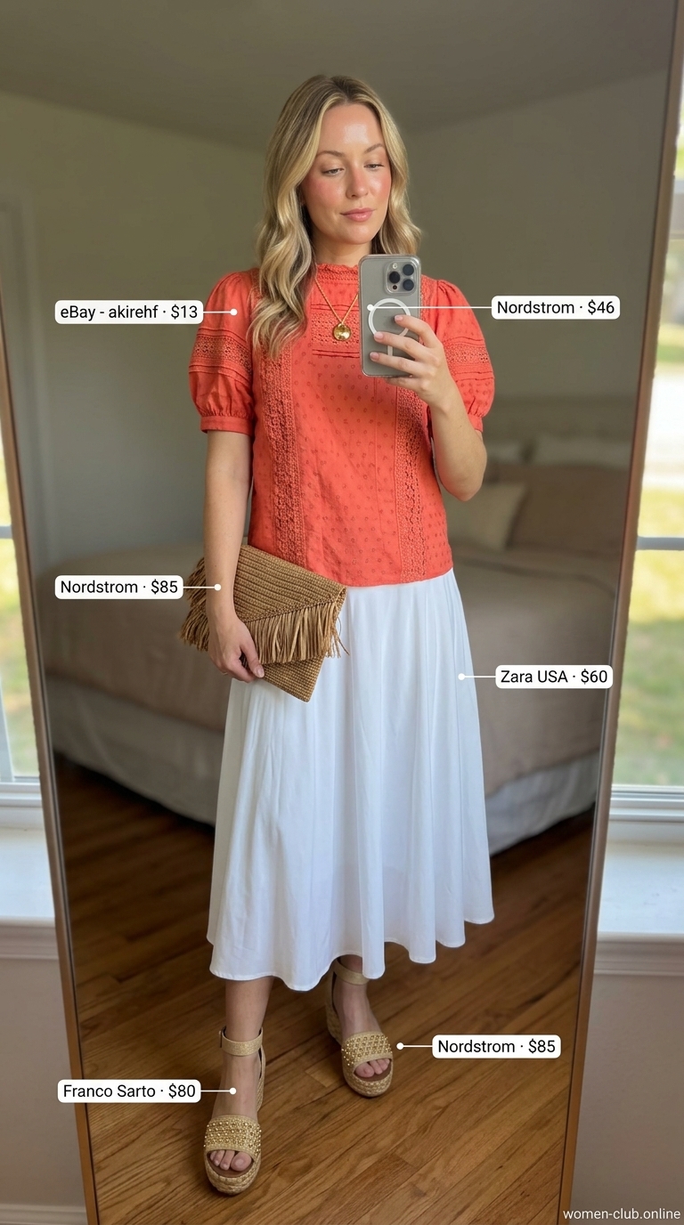 Tropical Getaway Style 2026 Coral eyelet summer blouse 2026 with a white midi skirt and raffia accessories for a tropical getaway.