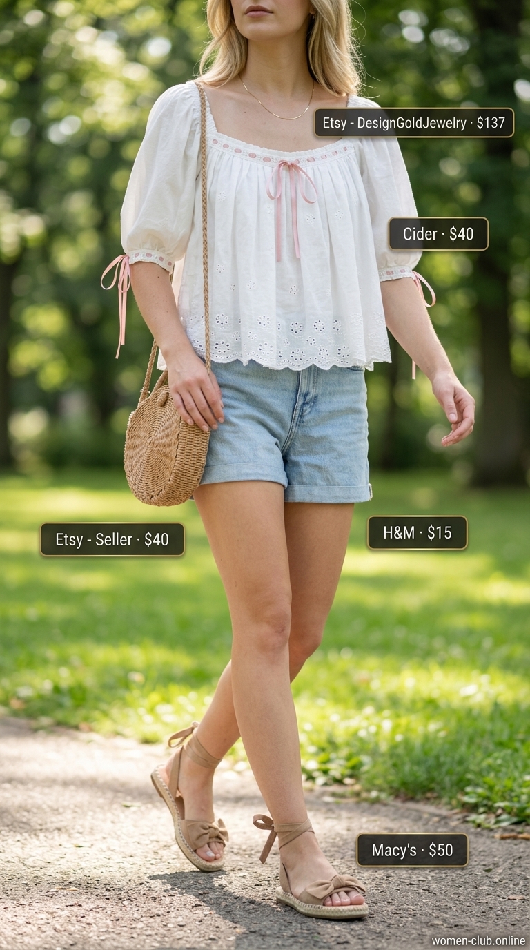 Brunch Ready: White Eyelet Blouse 2026 White eyelet puff-sleeve blouse with light blue denim shorts for a summer brunch. Eyelet summer blouses for women 2026.