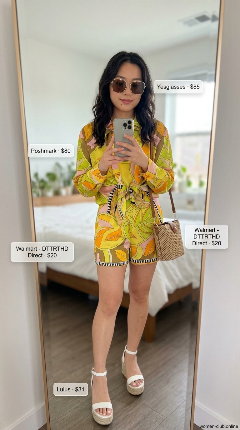 Feminine pastel summer outfits for women 2026: Citrus print set, white espadrilles, straw crossbody, gold sunglasses.