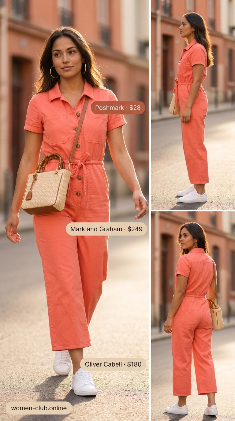 Feminine pastel summer outfits for women 2026: Coral utility jumpsuit, white sneakers, gold hoops, raffia bag.