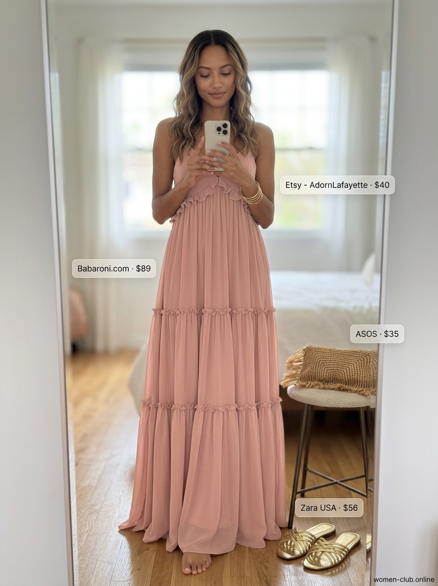 Feminine pastel summer outfits for women 2026: Soft coral maxi dress, gold sandals, straw clutch for beach evening.