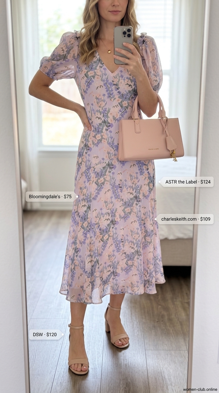 Feminine pastel summer outfits for women 2026: Lilac floral wrap dress, nude block heels, blush pink bag, gold necklace.