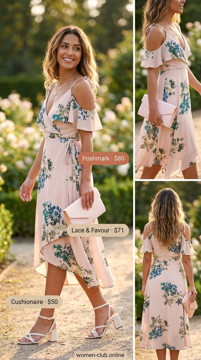 Feminine pastel summer outfits for women 2026: Blush pink floral midi wrap dress, block heels, gold necklace for garden party.