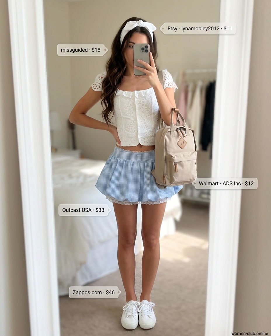 Feminine pastel summer outfits for women 2026: Blue gingham skirt, white eyelet crop top, white sneakers.