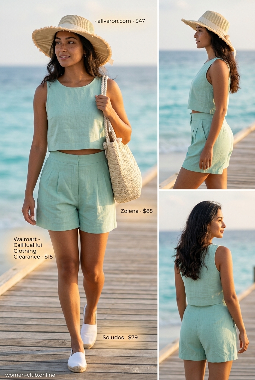 Feminine pastel summer outfits for women 2026: Mint green linen set, straw hat, espadrilles, woven tote.