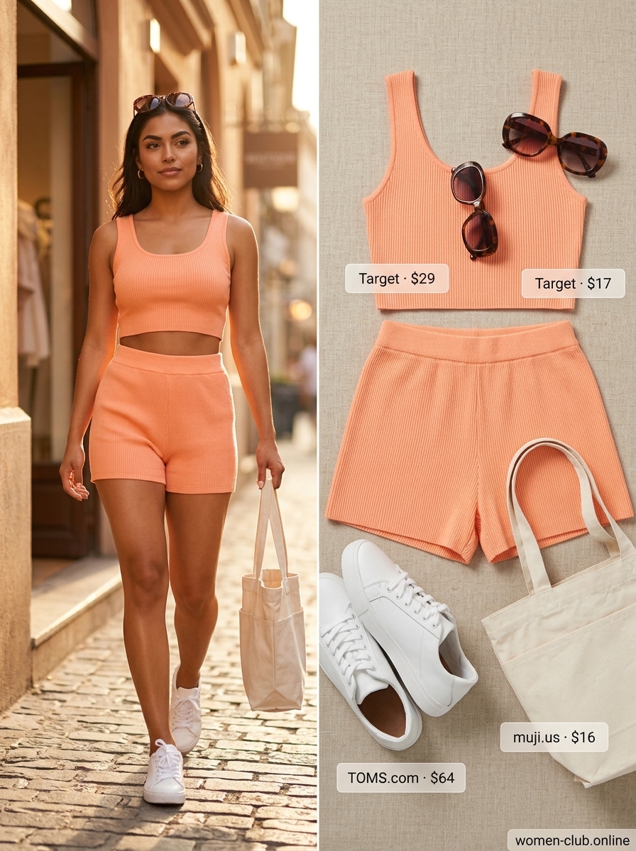 Feminine pastel summer outfits for women 2026: Peach knit set, white sneakers, large tote, oversized sunglasses.