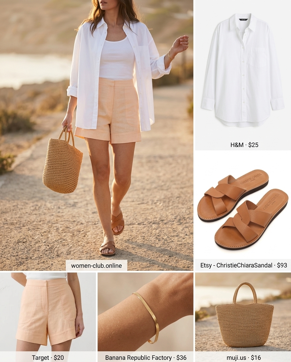 Feminine pastel summer outfits for women 2026: Peach linen shorts, white button-down, tan slides, canvas tote.