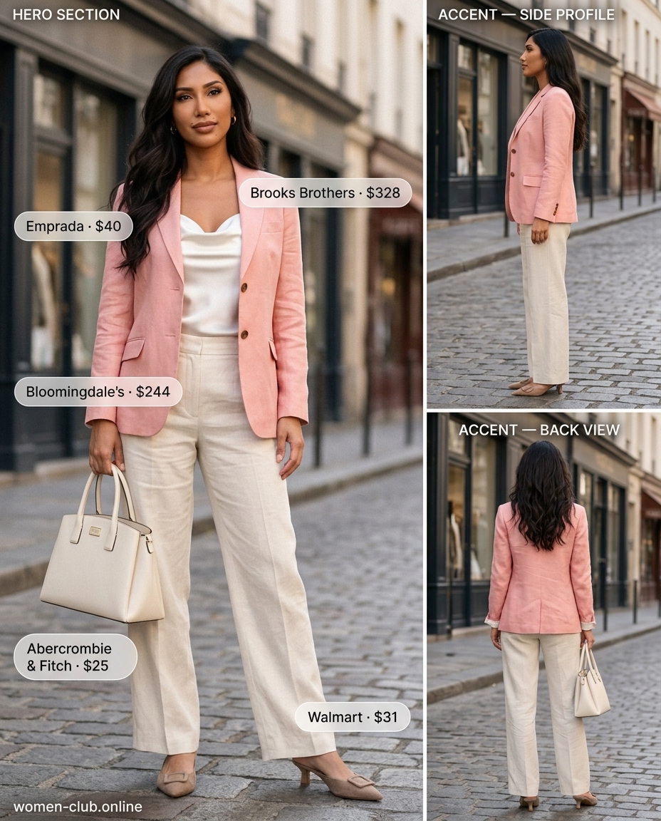 Feminine pastel summer outfits for women 2026: Blush pink linen blazer, wide-leg trousers, satin cami for smart casual.