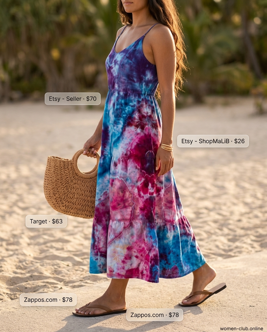 Feminine pastel summer outfits for women 2026: Pastel tie-dye maxi dress, tan sandals, straw tote for vacation.