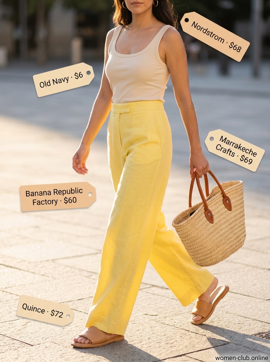 Feminine pastel summer outfits for women 2026: Lemon yellow linen pants, cream tank, straw tote for city exploration.