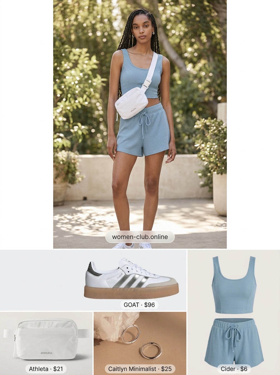 Feminine pastel summer outfits for women 2026: Baby blue knit set, white sneakers, silver earrings, nylon belt bag for loungewear.
