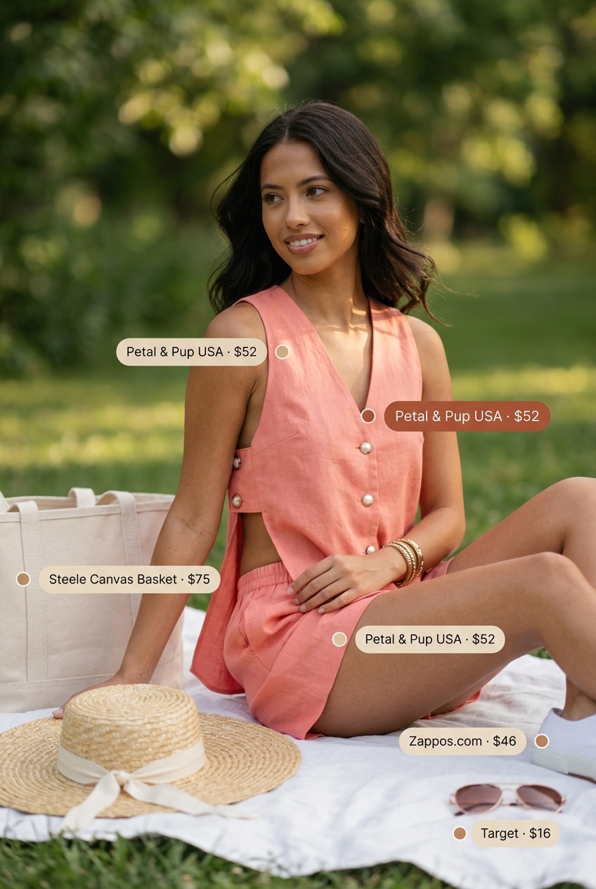 Feminine pastel summer outfits for women 2026: Light coral shorts set, canvas tote, aviators, white sneakers for casual chic.