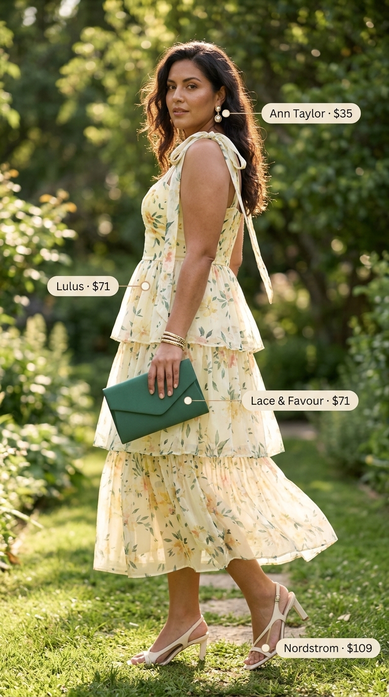 Feminine pastel summer outfits for women 2026: Pale yellow floral midi dress, green clutch, cream heels for a garden party.