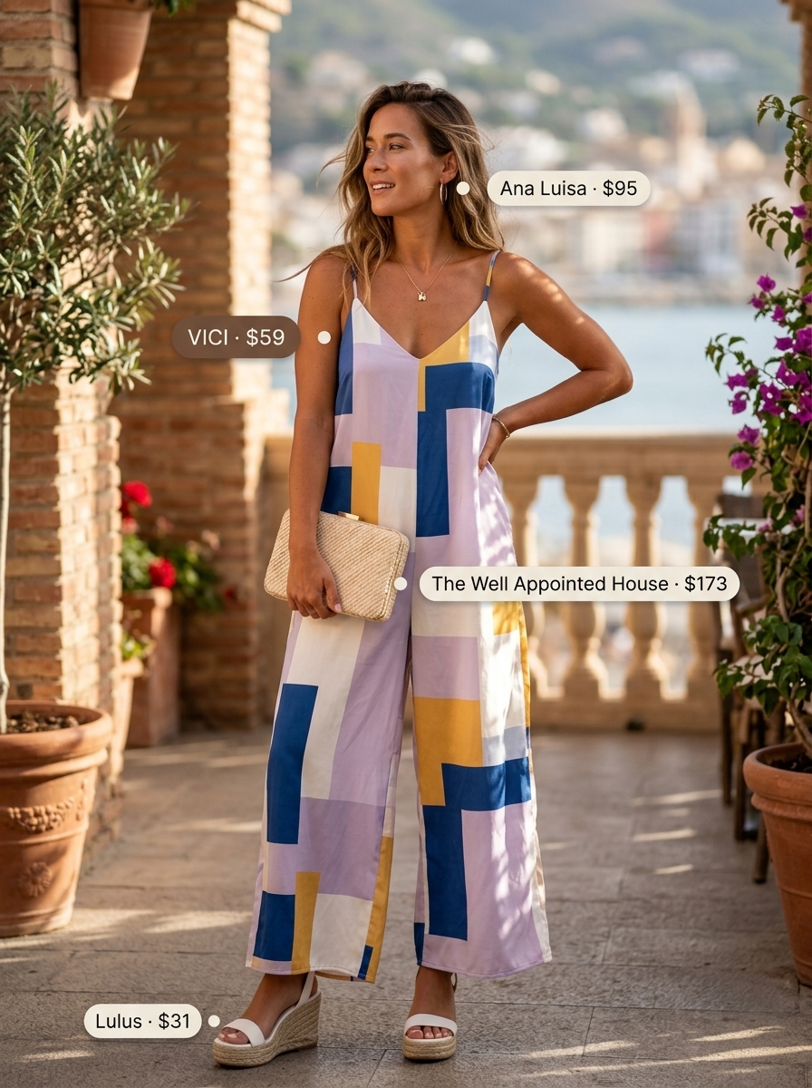 Feminine pastel summer outfits for women 2026: Light lavender jumpsuit, espadrille wedges, straw clutch, silver earrings for vacation.