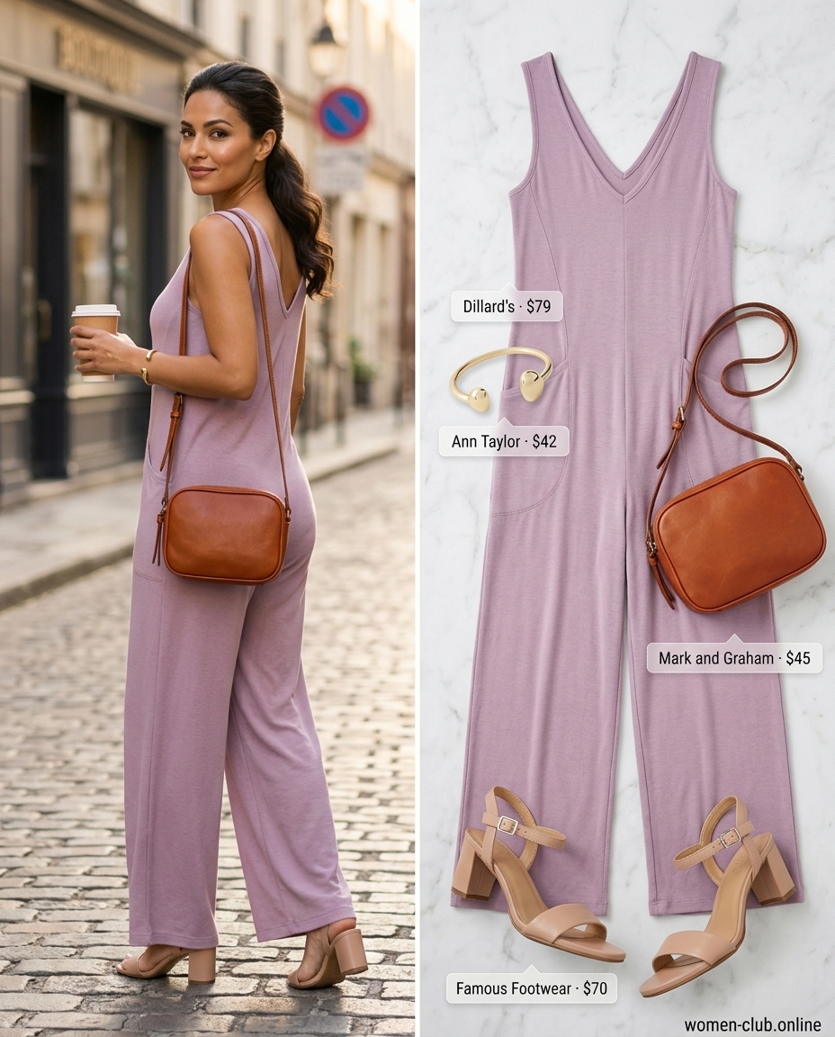 Feminine pastel summer outfits for women 2026: Lavender wide-leg jumpsuit, nude heels, tan crossbody for an evening event.