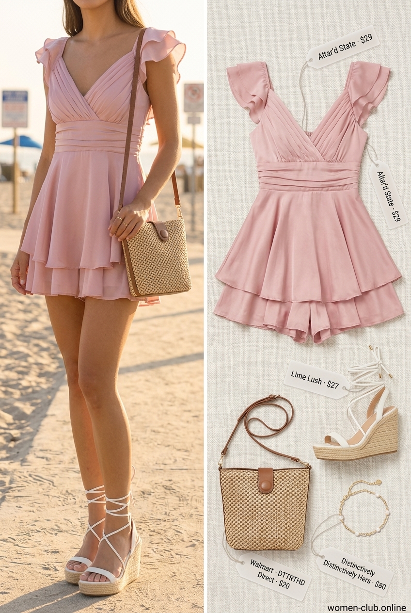 Feminine pastel summer outfits for women 2026: Rosewater pink romper, straw bag, gold bracelet, white espadrilles for a casual day.