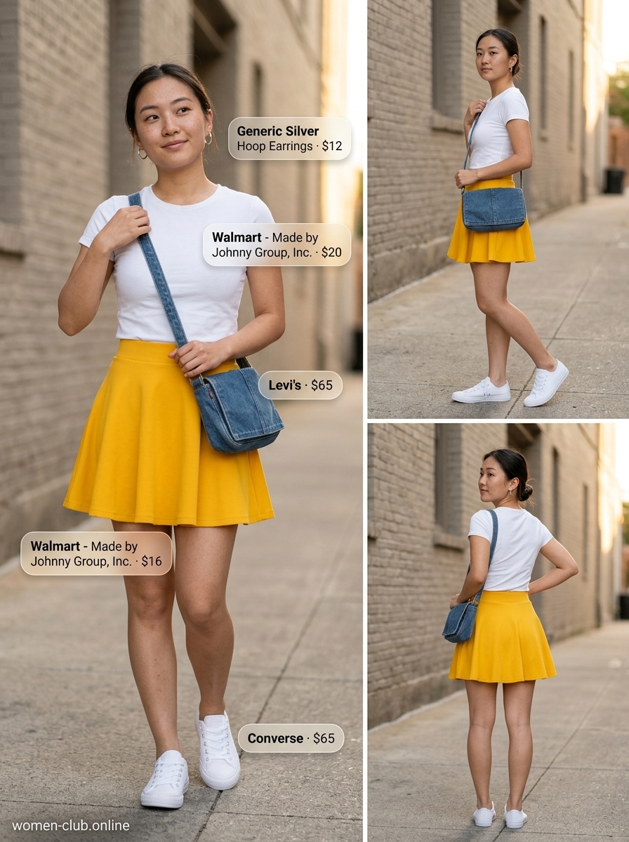 Feminine pastel summer outfits for women 2026: Yellow mini skirt, graphic tee, denim bag, white sneakers for a playful look.