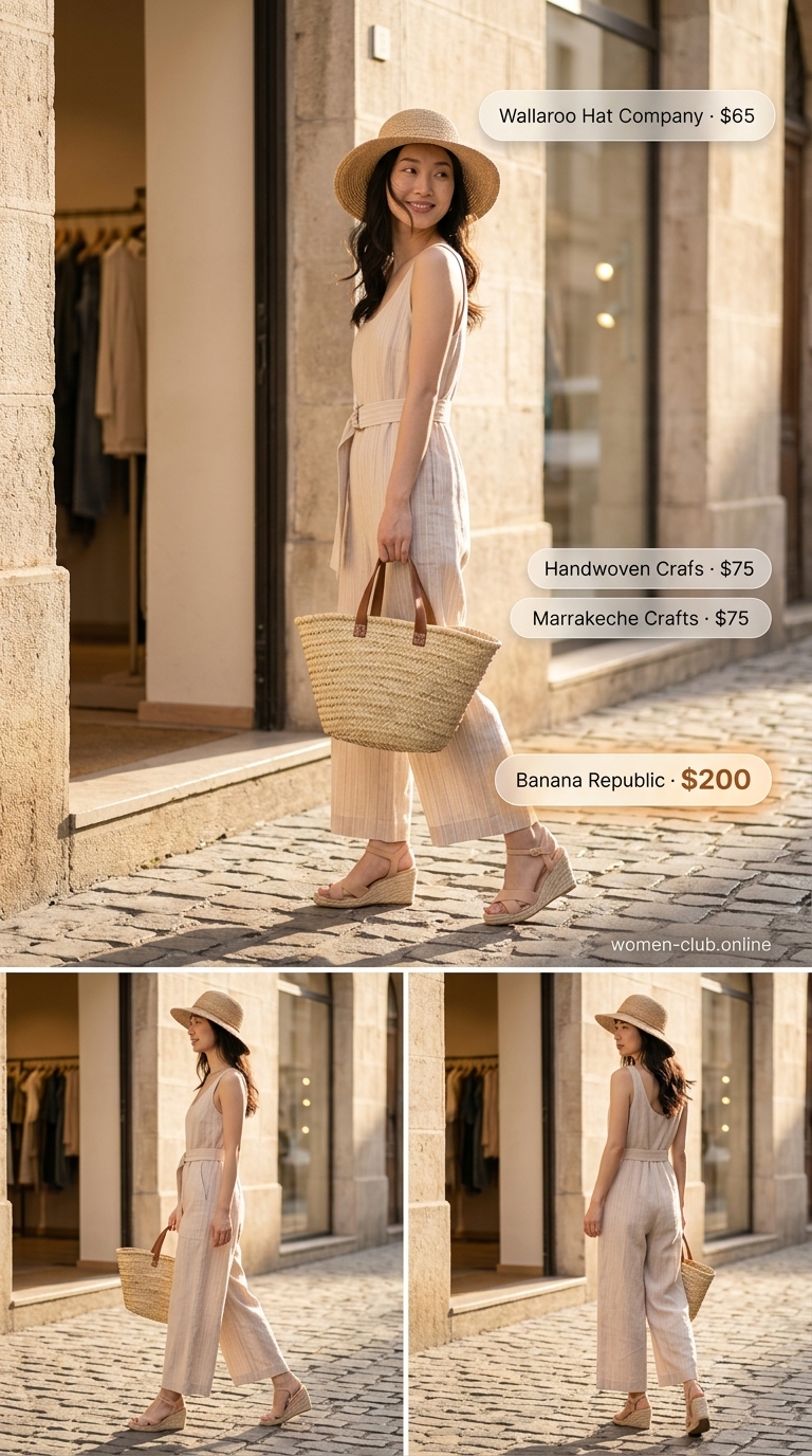 Flattering tall women summer outfits 2026: Beige linen jumpsuit with straw hat and espadrilles for a chic casual look.