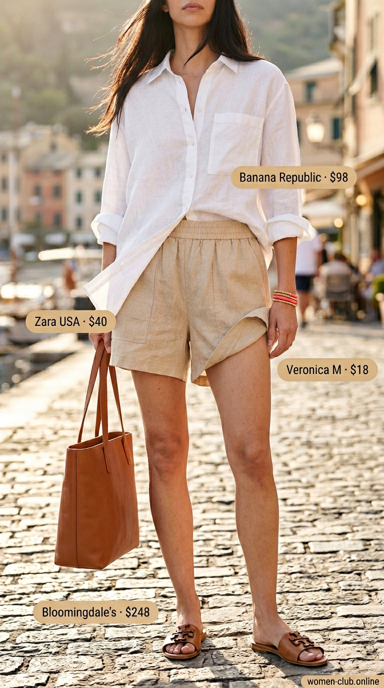 Flattering tall women summer outfits 2026: Beige linen shorts and white linen shirt with tan slides and tote.