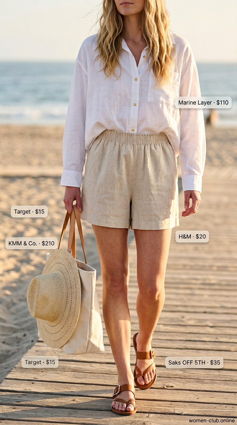 Flattering tall women summer outfits 2026: White linen shirt over beige linen shorts with straw hat and slides.