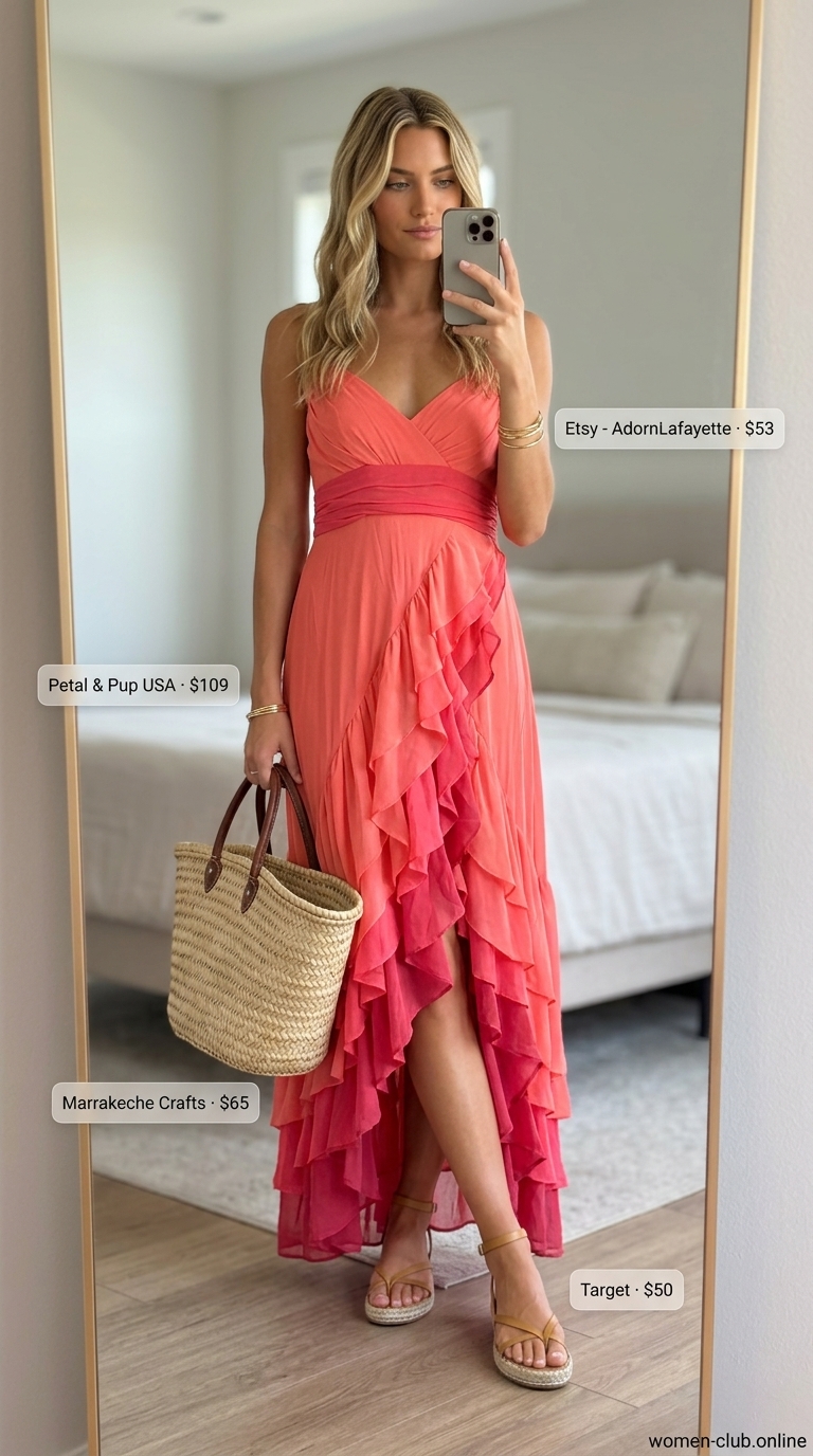 Flattering tall women summer outfits 2026: Coral maxi dress, espadrilles, straw tote. Relaxed bohemian resort wear.