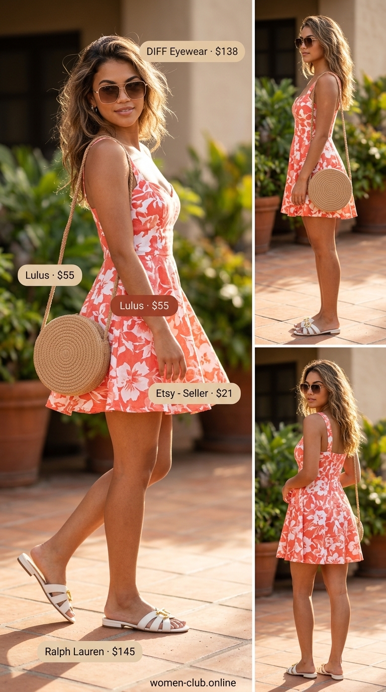 Flattering tall women summer outfits 2026: Coral floral mini sundress with white slides and straw crossbody.